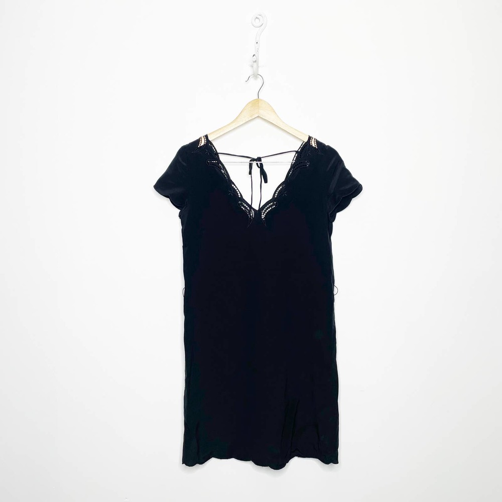 Sézane Anabella Black Silk Mini Dress Scalloped LBD Womens EUR 40 US 8